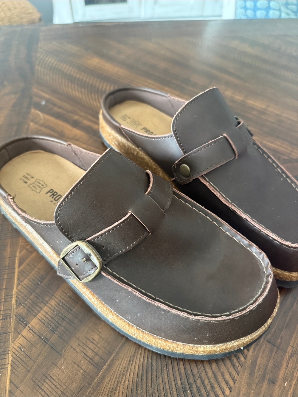 Women's Brown Slip-On Leather Clog with Buckle Detail